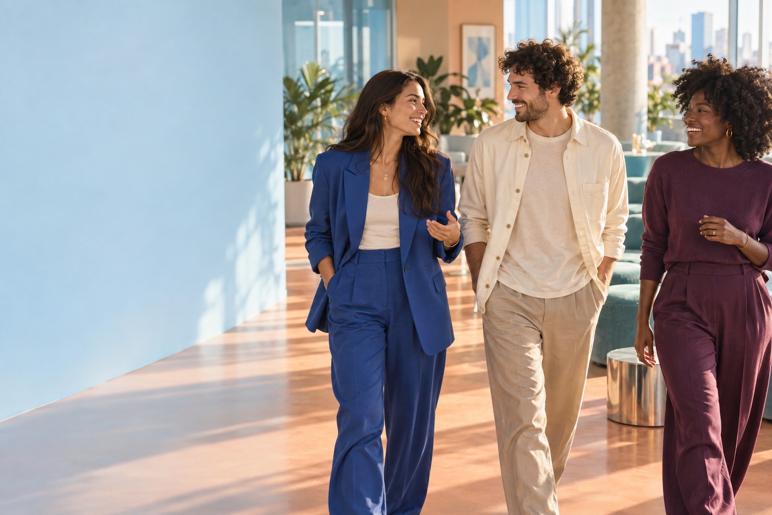 Three colleagues sharing a warm moment in a sunlit office with blue and apricot tones